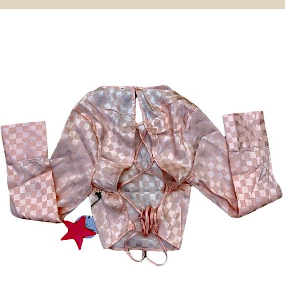 Milk & Honey Satin Blush Checkered Wrap Top Size Medium - Picture 2 of 4